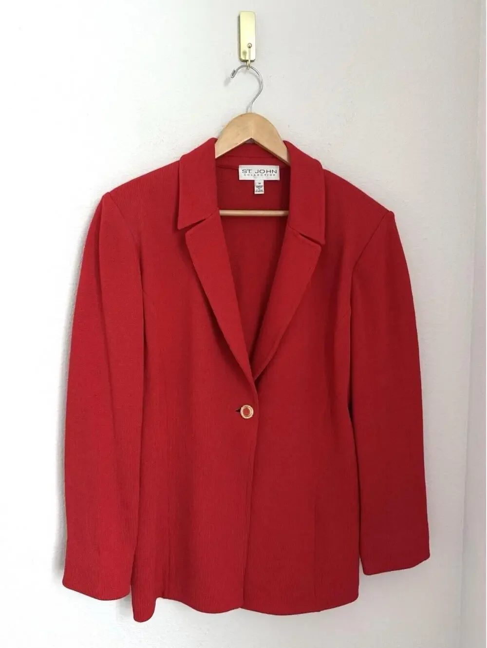St John Collection Red Santana Knit Wool Blend Gold Button Blazer Size 14 Vntg